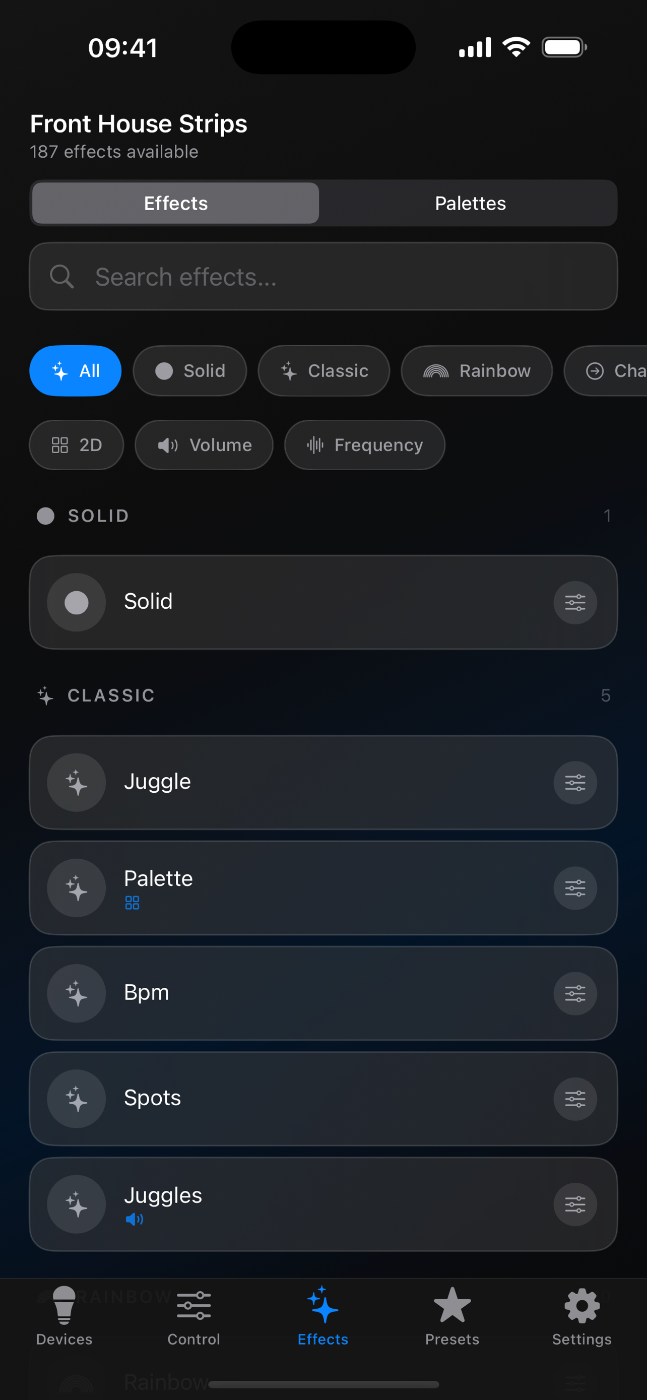 WLED effects browser showing 180+ LED effects organized by category